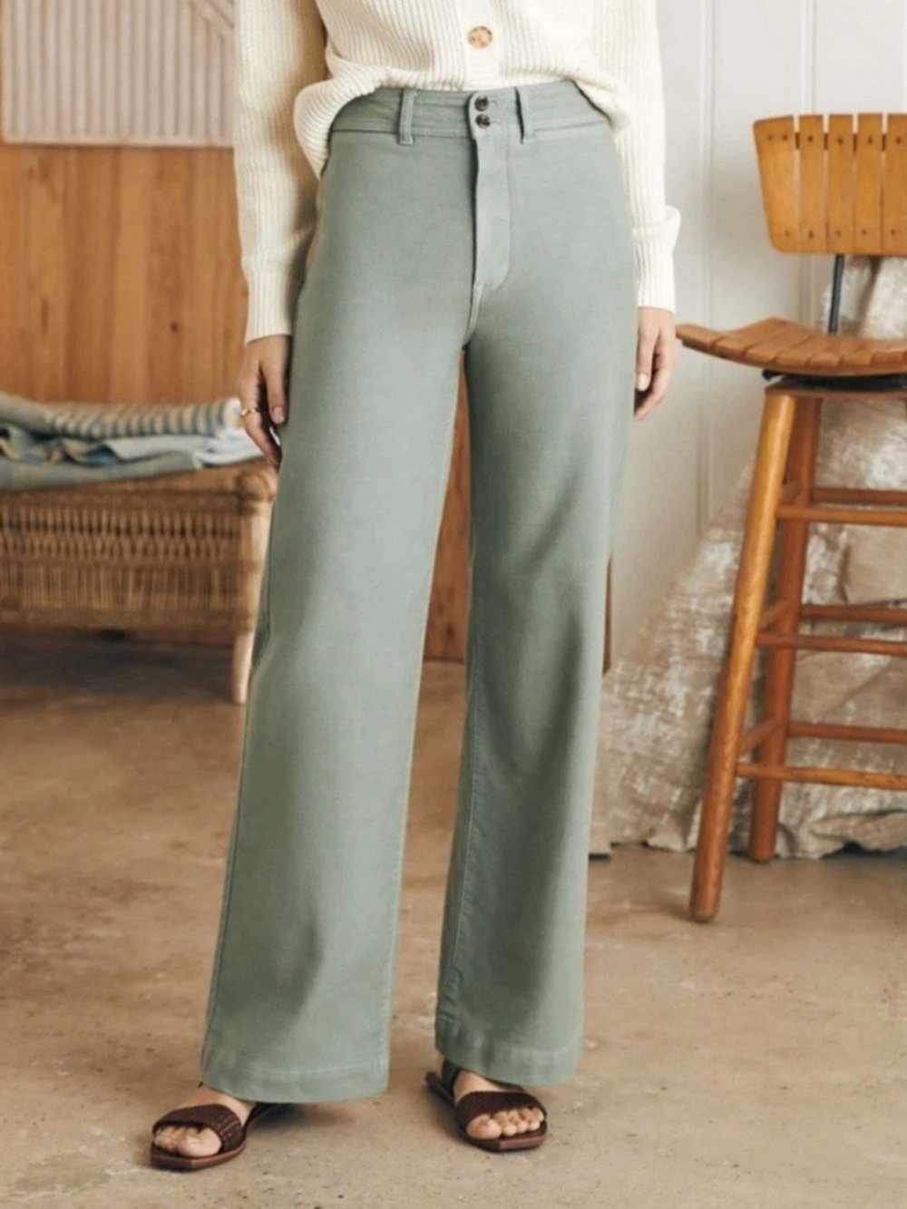 Faherty Harbor Stretch Terry Wide Leg Women’s Pants Coastal Sage  Size 26 NEW